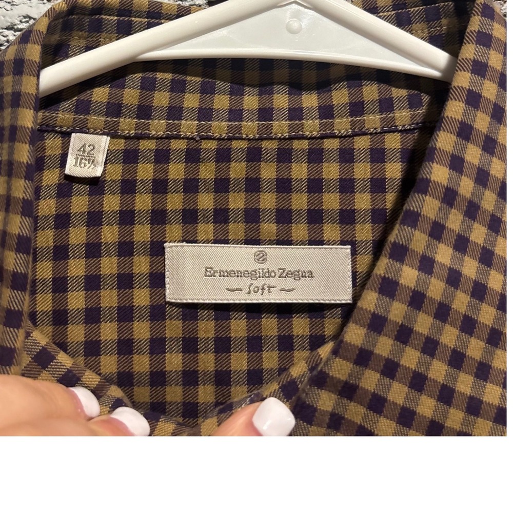 Ermenegildo Zegna Soft Mens Brown Blue Gingham Check Cotton Button Down Sz 16.5 - Picture 5 of 9